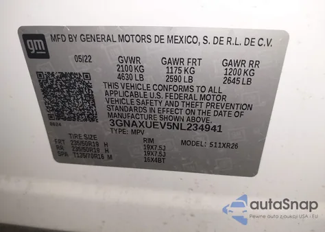 2022 Chevrolet Equinox Awd Lt z USA, uszkodzony, nr VIN 3GNAXUEV5NL234941